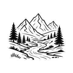 Obraz premium Hand drawn mountain landscape with winding river and pine trees