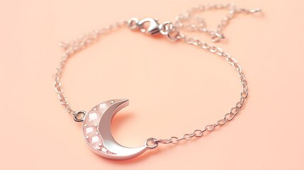 A fine floating silver necklace with a crescent diamond pendant isolated on a pastel apricot solid background, luxurious feel with reflective chain glinting, full-frame layout.