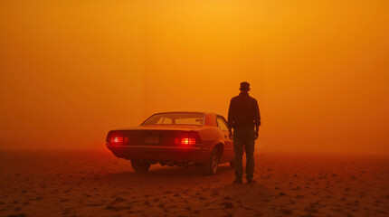 Silhouette of a man standing next to a vintage car in a hazy, orange post-apocalyptic desert