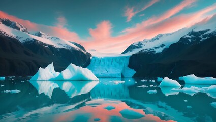 Glacier Landscape with Icebergs Reflecting Sky on Water Surface