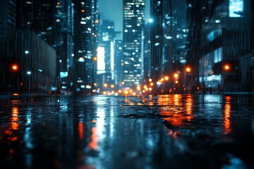 Heavy rain falls on a modern city street with lights reflecting on the wet asphalt
