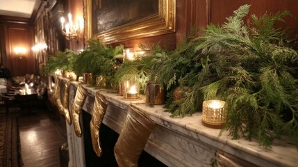 A mantel with a Christmas tree decoration and a gold stocking