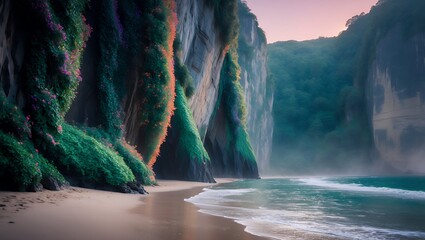 Coastal Cliffside with Lush Vegetation and Beach at Low Tide