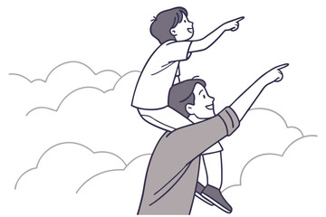Fototapeta premium Boy on dad's shoulders, doodle line art style