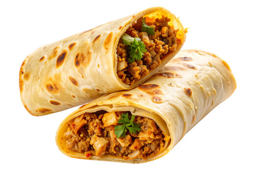Paratha Rolled and Stuffed with Spicy Minced Chicken, Sliced in Halves, Isolated on Transparent Background