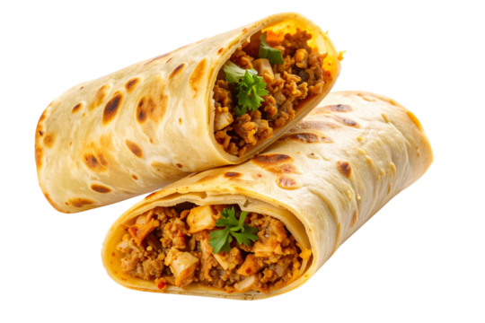 Paratha Rolled and Stuffed with Spicy Minced Chicken, Sliced in Halves, Isolated on Transparent Background
