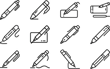 Obraz premium Set of minimalist black and white line art illustrations representing various pens and writing