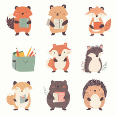 Group of naive cartoon woodland animals holding school supplies like notebooks and pencils, including foxes, bears, squirrels and hedgehogs, perfect for nursery and educational printable 