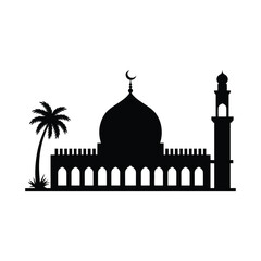 Silhouette of a mosque with a minaret and palm tree