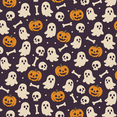 Halloween seamless pattern with ghosts, pumpkins, skulls, and bones on dark background &mdash; spooky cute holiday design for fabric, wallpaper, and party decorations