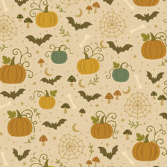 Autumn Halloween seamless pattern with pumpkins, bats, mushrooms, cobwebs, and bones on beige background — cozy spooky seasonal design for fabric, wrapping paper, and decorative projects