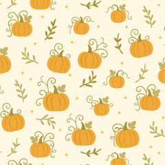 Autumn Pumpkin Seamless Pattern with Vines and Leaves on Cream Background