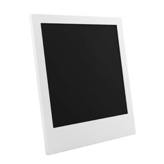 A pristine, empty, white classic Polaroid-style instant camera photo frame with thick borders, a wider bottom margin, and a blank rectangular aperture on a transparent studio background with bright,