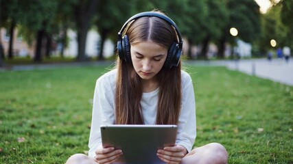 Studious schoolgirl wearing headphones studying on tablet while sitting on grassy park ground, engaging in focused online learning during peaceful summer day - Powered by Adobe