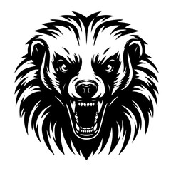 Angry Badger Head Mascot Striking black and white illustration of a fierce badger emblem for design or sports team.