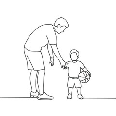 Father and son holding hands with basketball