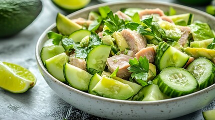 Fresh Cucumber and Tuna Salad with Herbs in a Bowl