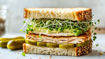 Layered Sandwich with Turkey, Pickles, Avocado, and Microgreens