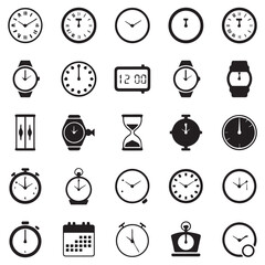 Collection of timekeeping devices including clocks, watches, hourglass, and calendars