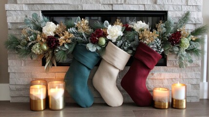 Three stockings are on a mantle with candles and flowers