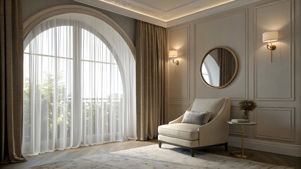 Elegant living room with arched window, sheer curtains, cream armchair, and wall sconces soft neutral tones with light beige paneling and plush rug

