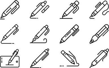 Collection of minimalistic black and white line art vector illustrations of various pens and pencils