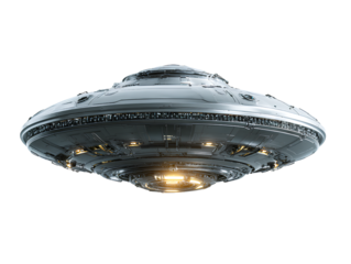 Futuristic saucer-shaped alien spaceship with metallic silver body, circular LED lights glowing underneath, viewed from a slightly low front angle