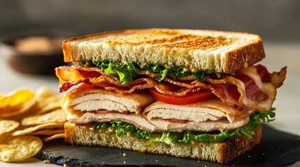 Grilled Turkey and Bacon Sandwich with Lettuce, Tomato, and Crispy Chips