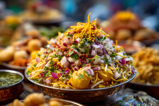 Delicious Indian Street Snack Bhelpuri Chaat with Focused View
