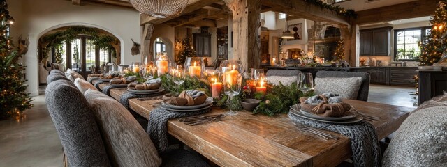 A large dining room with a long table and many chairs