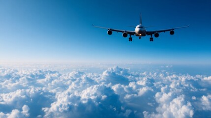 Fototapeta premium Airplane soaring high above fluffy clouds on a bright sunny day, minimalist aesthetic, open sky, evokes a sense of freedom and adventure, perfect for travel inspiration