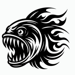 Piranha Fish Illustration Striking Black and White Design Featuring Sharp Teeth and Aggressive Features