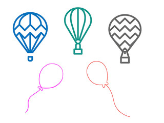 Three hot air balloons and three balloons in different colors blue, teal green, gray and shapes  zigzag, plain.   balloons and hot air balloons are outlined in bold, simple lines on white. 