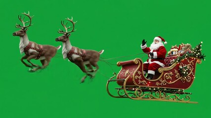 Santa in his ornate sleigh pulled by two reindeer against a green screen backdrop - Powered by Adobe