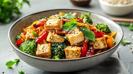 Colorful Tofu Stir-Fry with Vegetables in a Ceramic Bowl