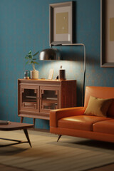 Cozy Modern Living Room with Vintage Furniture and Warm Lighting in Soothing Blue Tones