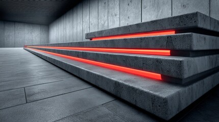 A staircase with red lights on it