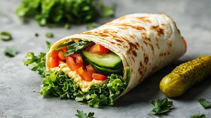 Freshly Wrapped Hummus Wrap with Vegetables and Pickle