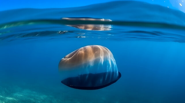 Graceful jellyfish in deep aquamarine water, translucent bell with elegant tentacles, underwater marine life photography