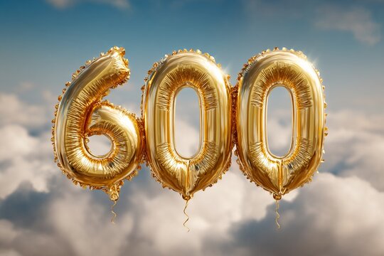 Aureate foil balloons forming the number 600 stand out against a soft cloudy backdrop , symbolizing a celebratory milestone .