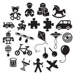 Collection of child's toys including a teddy bear, puzzle pieces, toy car and kite illustration