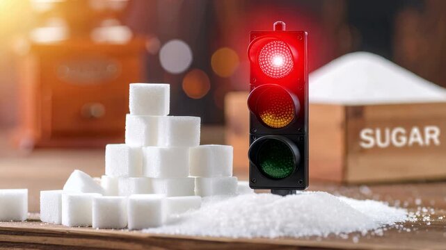 A traffic light turns red as a concept of sugar addiction.diabetes and overweight, health problems, high blood sugar levels, unhealthy eating.