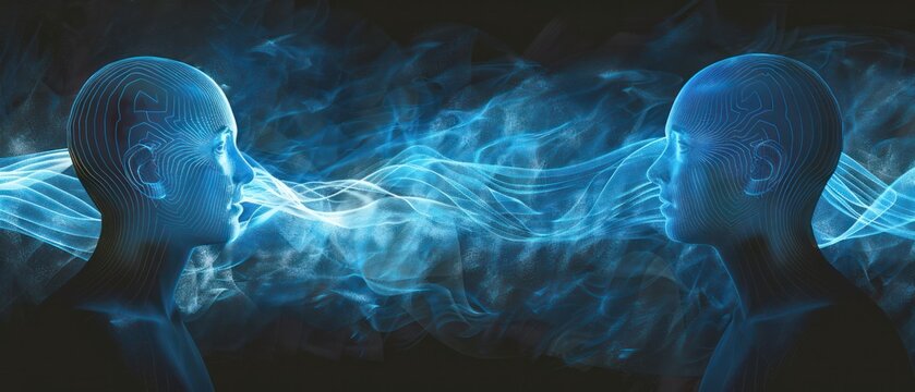 Two people figures facing each other, with sound waves flowing between them and their bodies leaning in, emphasizing attentiveness.