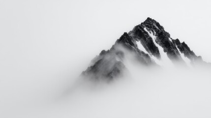 Misty mountain peak landscape featuring dramatic nature scenery, isolated and minimalist setting, evoking tranquility and contemplation in a monochrome atmosphere