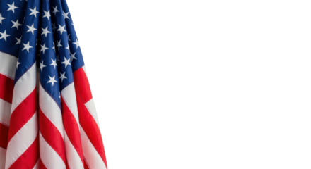Vibrant american flag, red, white, and blue, draped and folded on the left with tactile fabric texture, casting a soft shadow on a transparent background with abundant copy space, concept of