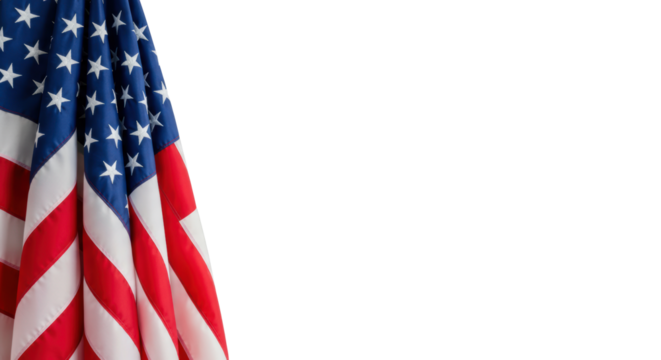 Vibrant american flag, red, white, and blue, draped and folded on the left with tactile fabric texture, casting a soft shadow on a transparent background with abundant copy space, concept of