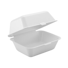 An empty, transparent styrofoam clamshell food container with lid propped open, isolated on a transparent background with shadowless studio light, high-angle view, commercial product presentation