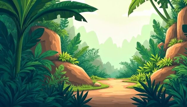 A vibrant cartoon jungle background shows a peaceful winding dirt path through lush green foliage and natural stone cliffs under a bright sky.