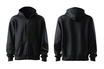 Blank black zip-up hoodie, front and back views (2)