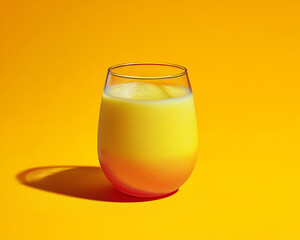 Blended mango drink with gradient glass standing over yellow.